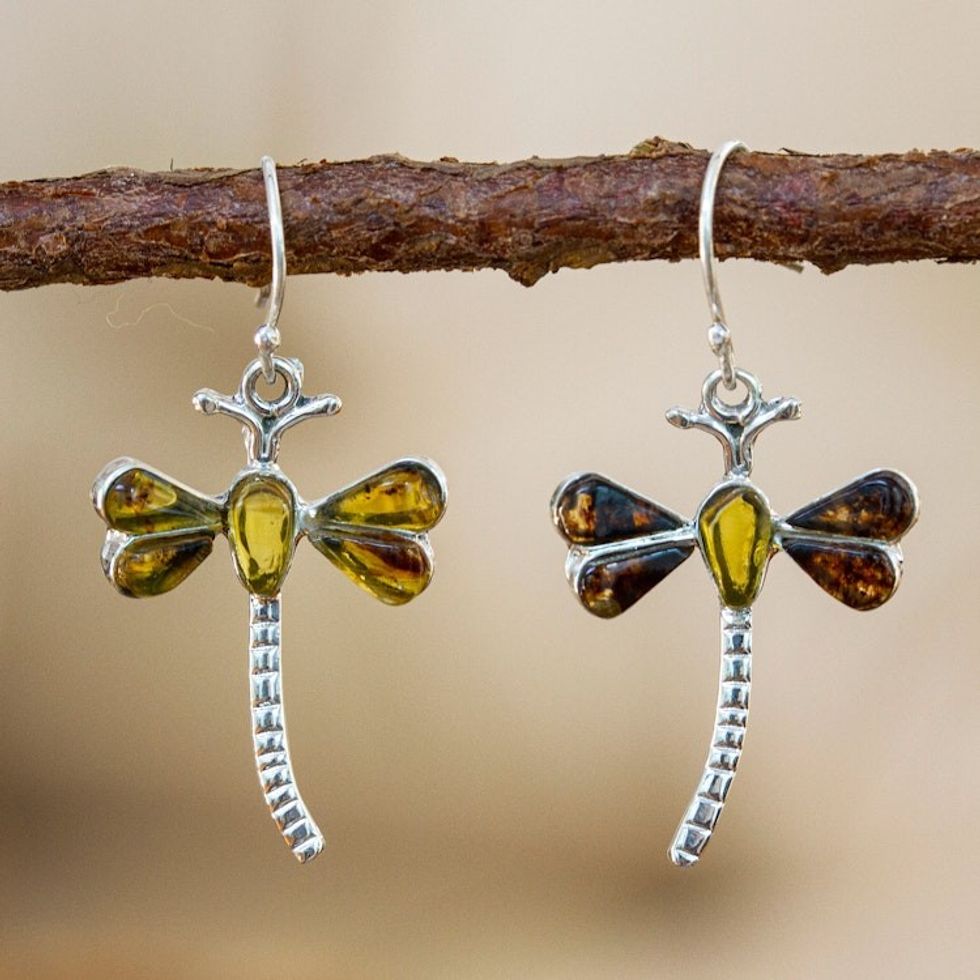 Amber Dragonfly Dangle Earrings from Mexico 'Age-Old Dragonflies'