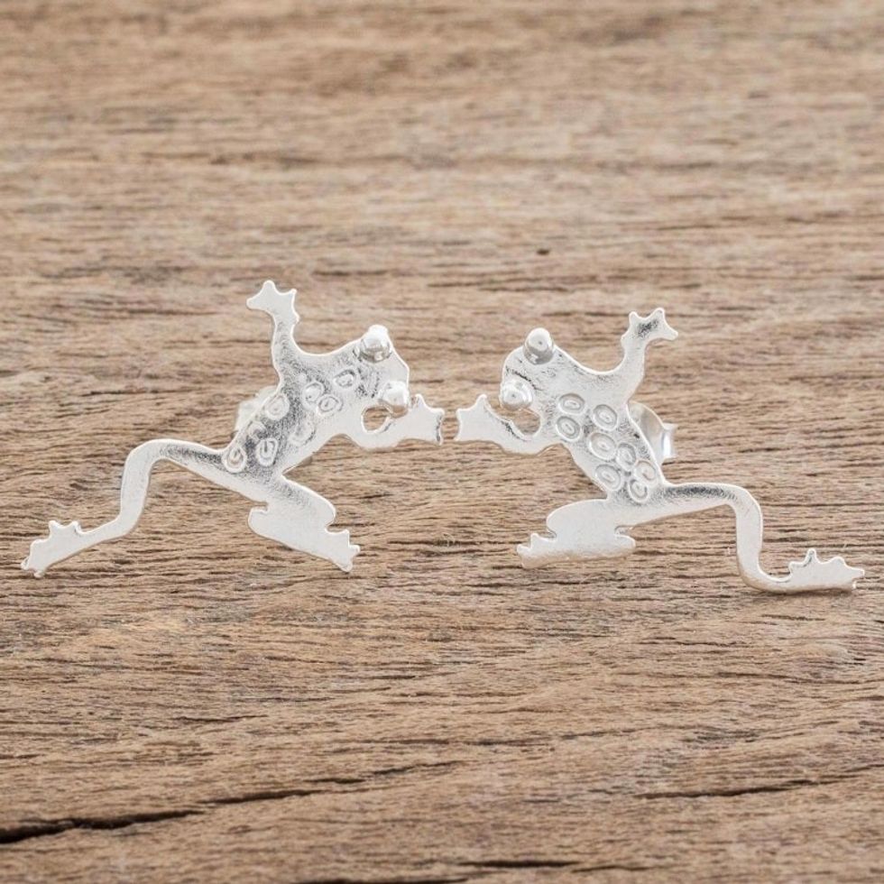 Modern Sterling Silver Frog Button Earrings from Costa Rica 'Lithe Beauties'