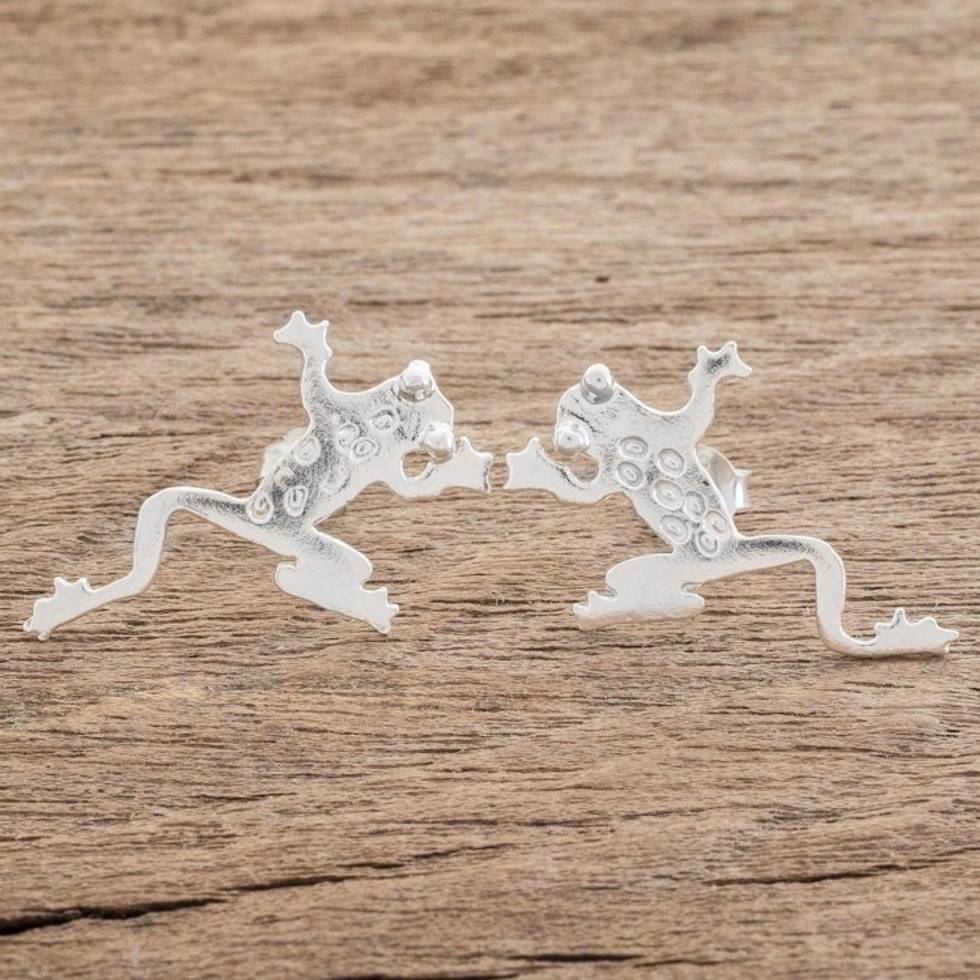 Modern Sterling Silver Frog Button Earrings from Costa Rica 'Lithe Beauties'