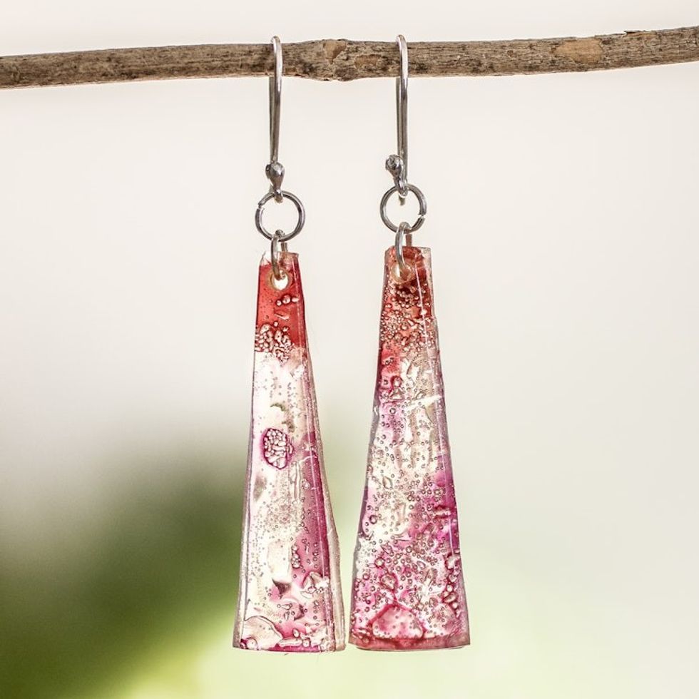 Recycled CD Dangle Earrings in Pink from Guatemala 'Peaceful Life in Pink'