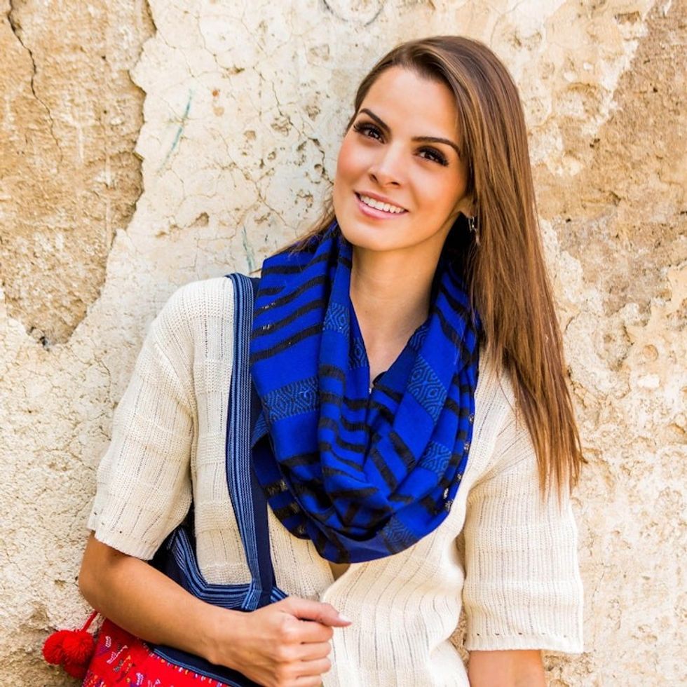 Handmade Geometric Cotton Striped Scarf 'Blue Totonicapan Diamonds'