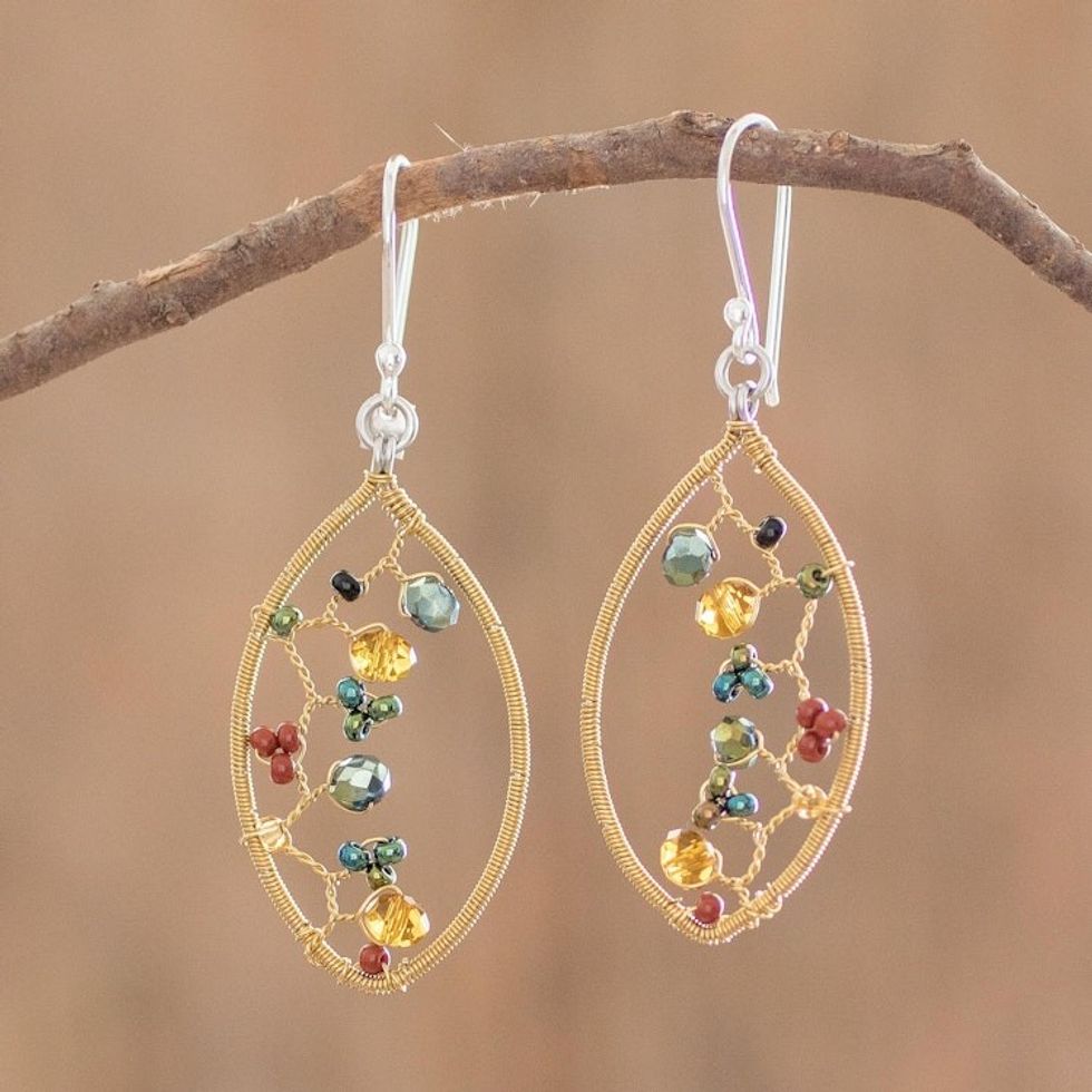 Multicolor Glass Beaded Dangle Earrings with Silver Hooks 'Multicolor Crystal Web'