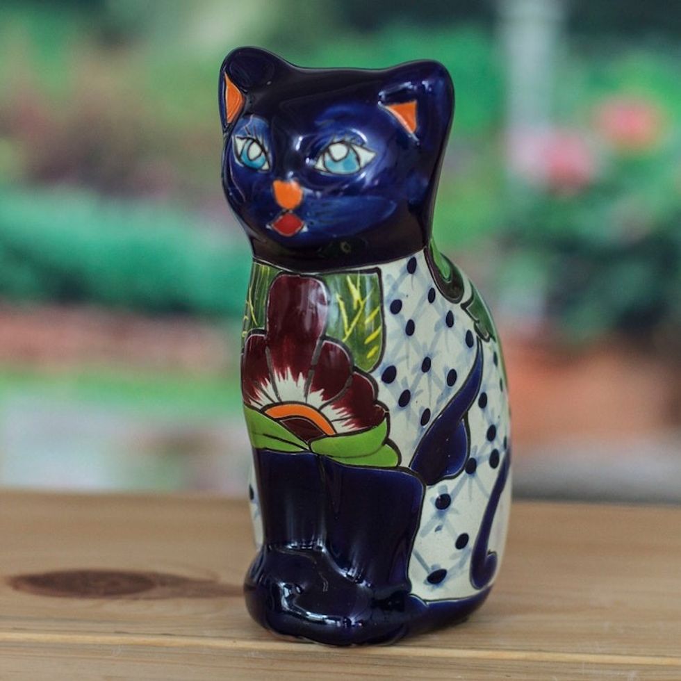 Hand-Painted Hacienda Cat-Themed Ceramic Sculpture in Blue 'Feline Essence in Blue'