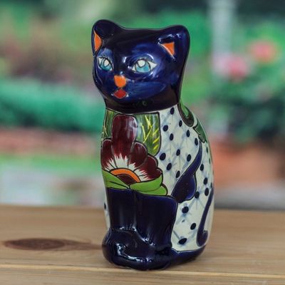 Alternate image for Hand-Painted Hacienda Cat-Themed Ceramic Sculpture in Blue Feline Essence in Blue
