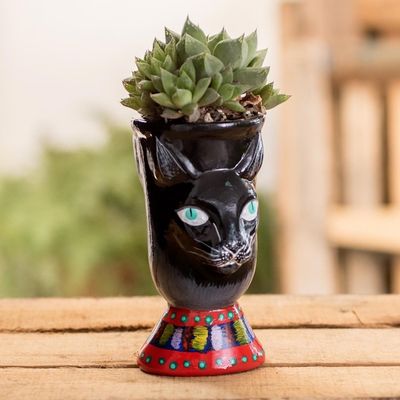 Alternate image for Hand-Painted Ceramic Flower Pot Top Cat in Black