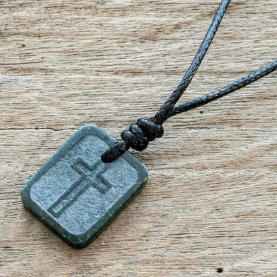 Alternate image for Etched Cross on Jade Pendant Artisan Crafted Necklace Faith and Love
