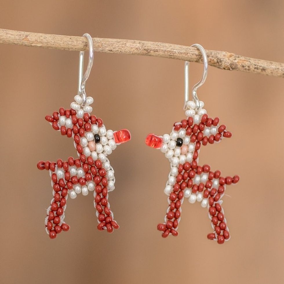 Handmade Glass Beaded Rudolph The Reindeer Dangle Earrings 'The Red-Nosed Reindeer'