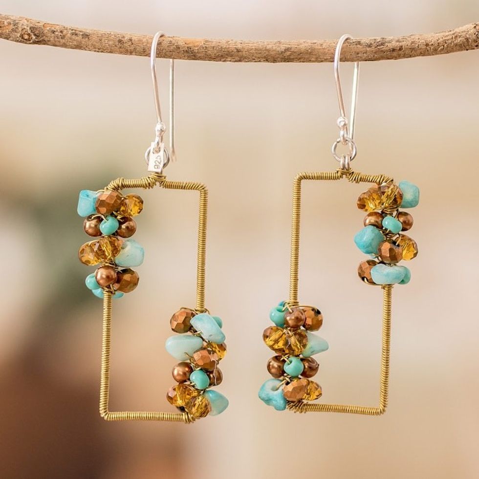 Handmade Aquamarine Crystal  Glass Beaded Dangle Earrings 'Precious Aqua'