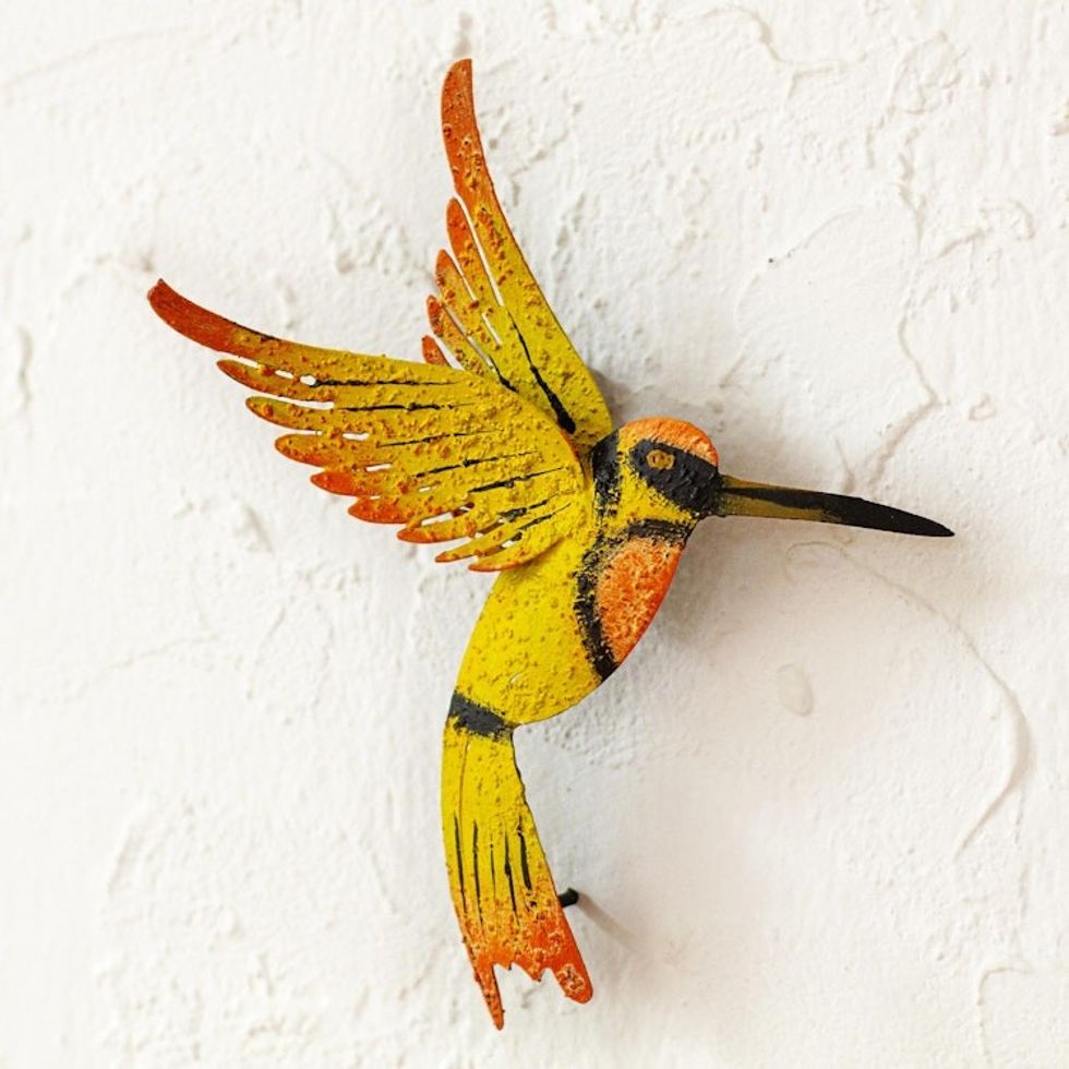 Hand Crafted Bird Wall Art Steel Sculpture from Mexico 'Little Yellow Hummingbird'