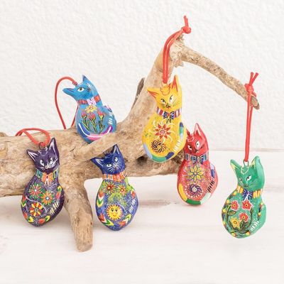 Alternate image for Set of 6 Terracotta Hanging Cat Ornaments From Guatemala Rainbow Cats