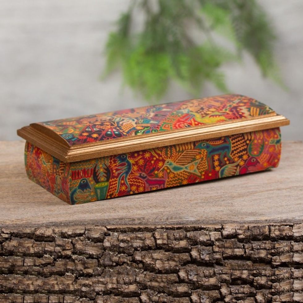 Huichol Theme Decoupage Jewelry Box with Mirror 'Huichol Fiesta'