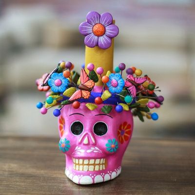 Alternate image for Fuchsia Floral Ceramic Skull Taper Candleholder Fuchsia Floral Skull