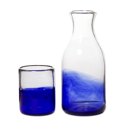 Alternate image for Handcrafted Carafe and Glass Set Pair Blue Wave