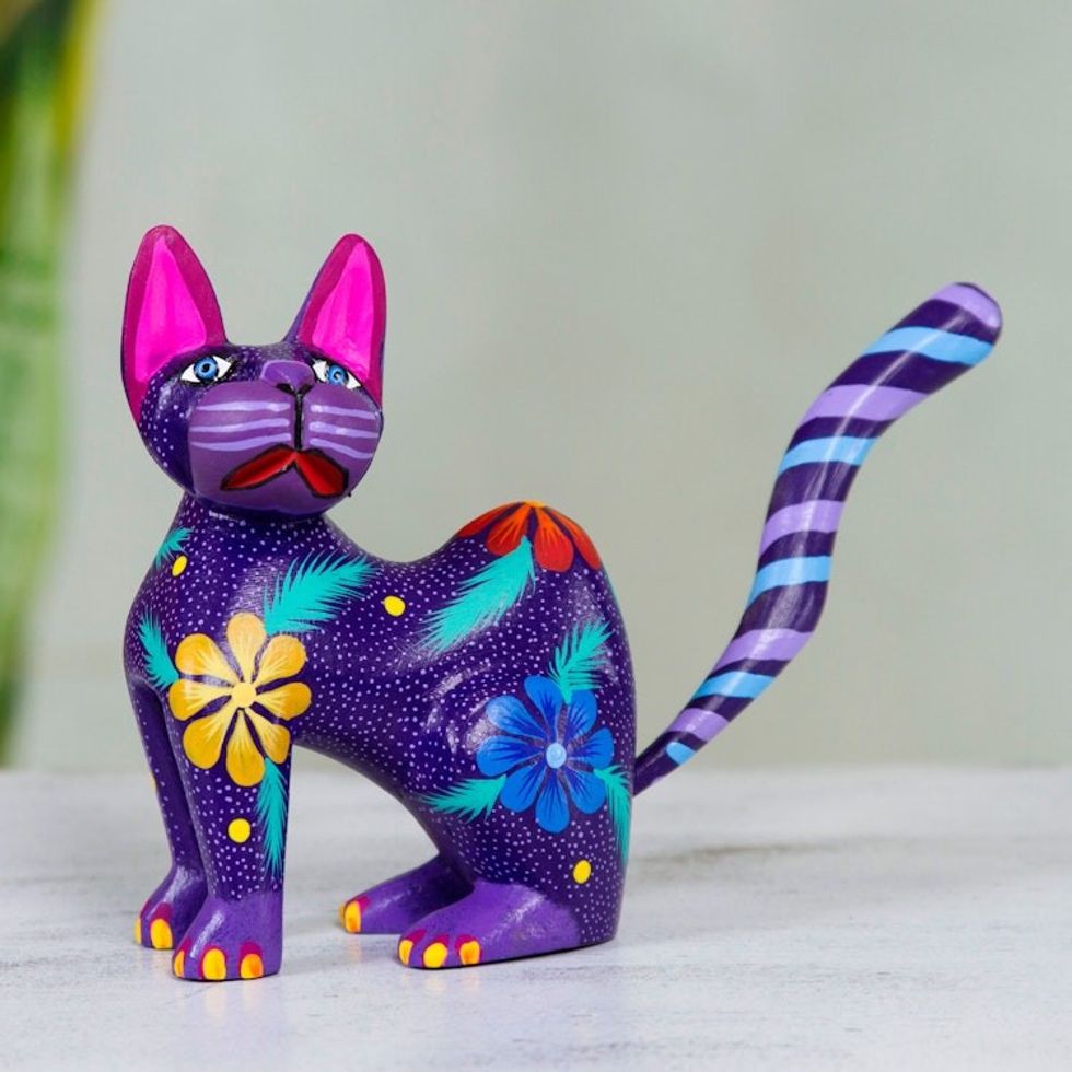 Hand Crafted Purple Wood Kittycat Folk Art Sculpture 'Magical Cat'