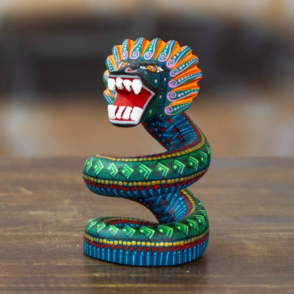 Wood Quetzalcoatl Serpent Figurine Hand-Painted in Mexico 'Imposing Quetzalcoatl'
