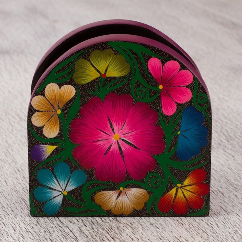 Hand-Painted Copal Wood Napkin Holder from Mexico 'Flowering Tradition'