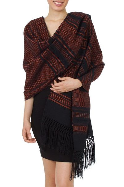 Alternate image for Black and Orange Handwoven Zapotec Rebozo Shawl Fiesta in Black and Tangerine