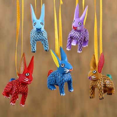 Alternate image for Wood Alebrije Rabbit Ornaments Set of 5 from Mexico Sweet Rabbits