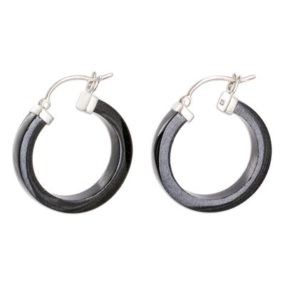 Alternate image for Modern Black Jade Hoop Earrings with Sterling Silver Clasps Night Connection