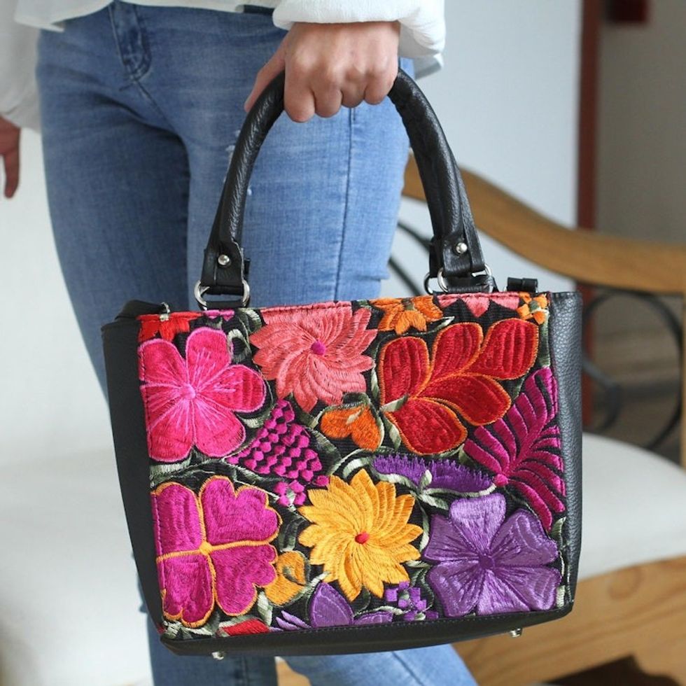 Floral Cotton Accent Leather Handbag from Mexico 'Bouquet of Flowers'