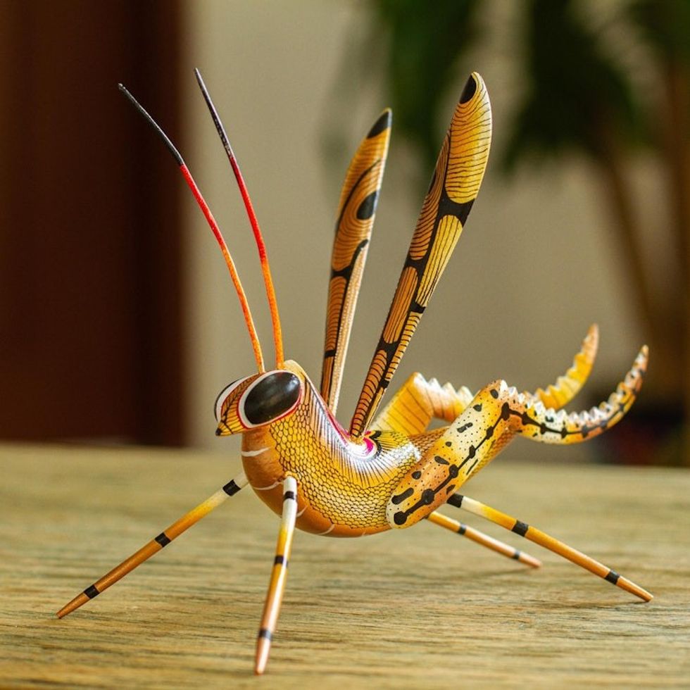 Cricket Copal Alebrije Wood Sculpture from Mexico 'Golden Cricket'