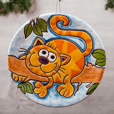 Alternate image for Handmade Whimsical Ceramic Wall Art of a Cat from Mexico Adventurous Cat