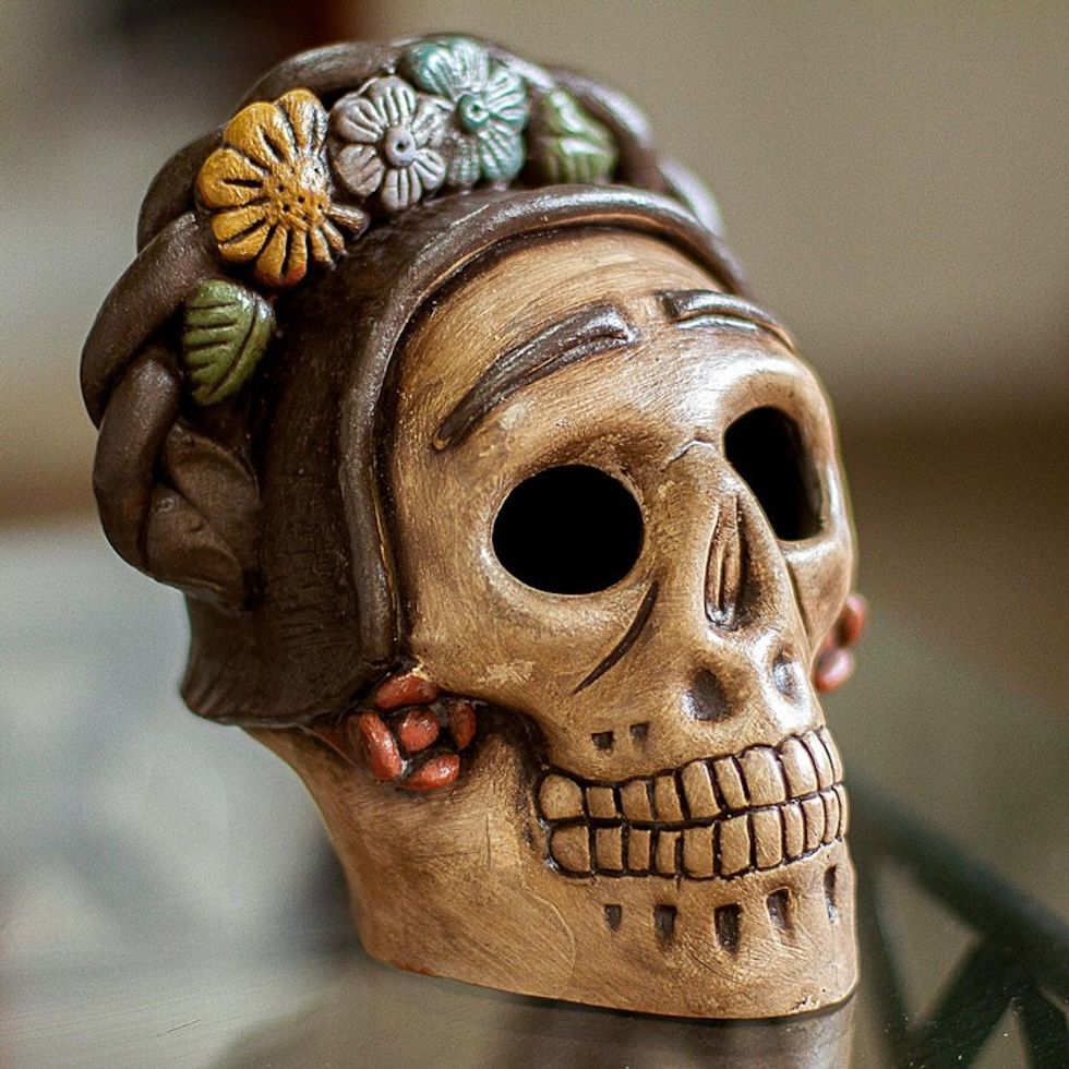 Handcrafted Ceramic Skull Figurine Honoring Frida Kahlo 'Honoring Frida'