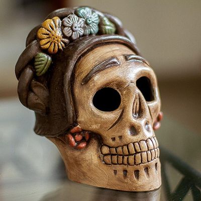 Alternate image for Handcrafted Ceramic Skull Figurine Honoring Frida Kahlo Honoring Frida