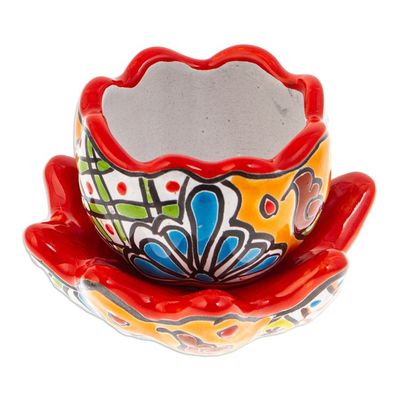 Alternate image for Handcrafted Floral Ceramic Pot with Saucer in Strawberry Talavera Eden in Strawberry