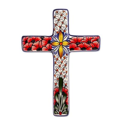 Alternate image for Multicolored Ceramic Mexican Wall Cross with Floral Motifs Flower Field