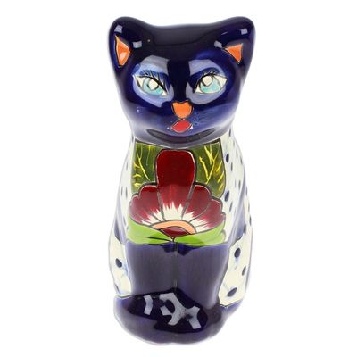 Alternate image for Hand-Painted Hacienda Cat-Themed Ceramic Sculpture in Blue Feline Essence in Blue