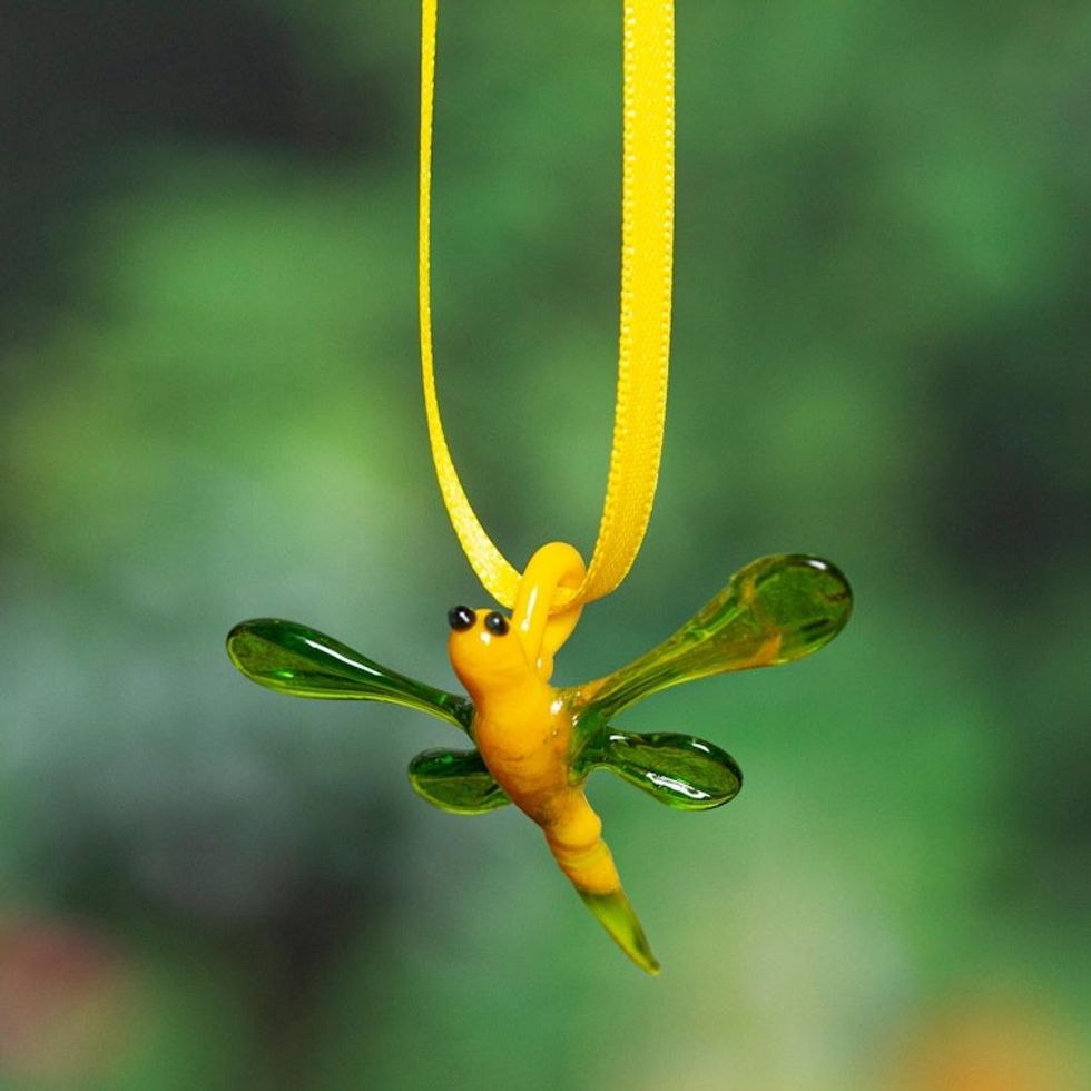 Handblown Recycled Glass Dragonfly Ornament in Yellow 'Yellow Transformation'