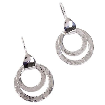 Alternate image for Taxco Hammered Sterling Silver Dangle Earrings from Mexico Abstract Rings