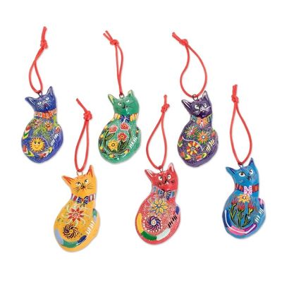 Alternate image for Set of 6 Terracotta Hanging Cat Ornaments From Guatemala Rainbow Cats