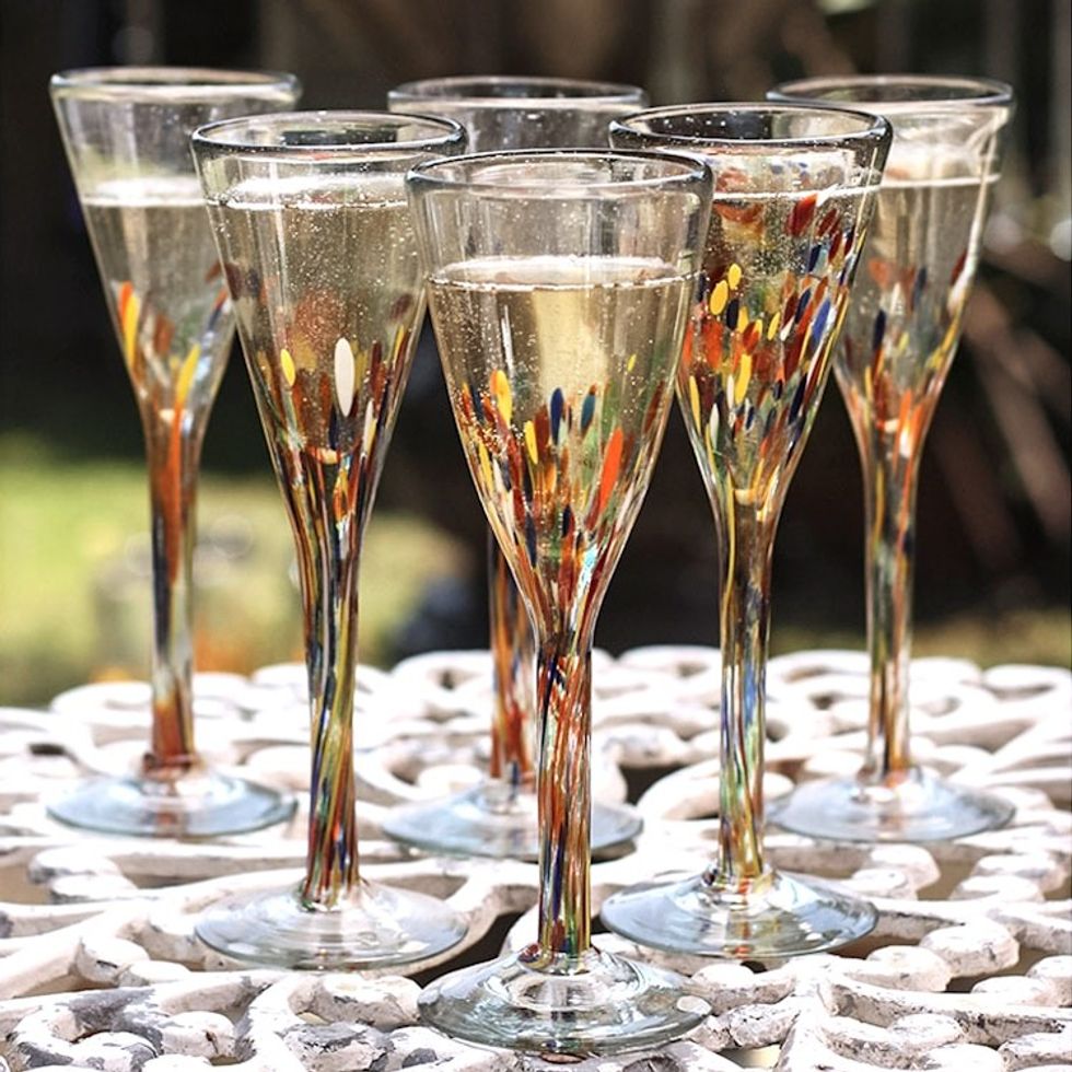 Mexican Handblown Glass Cocktail Champagne Flutes Set of 6 'Confetti'