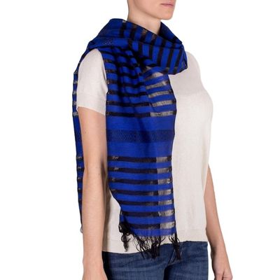 Alternate image for Handmade Geometric Cotton Striped Scarf Blue Totonicapan Diamonds