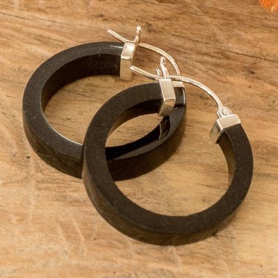 Alternate image for Modern Black Jade Hoop Earrings with Sterling Silver Clasps Night Connection