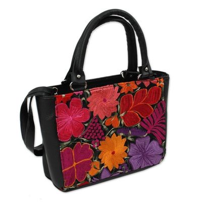 Alternate image for Floral Cotton Accent Leather Handbag from Mexico Bouquet of Flowers
