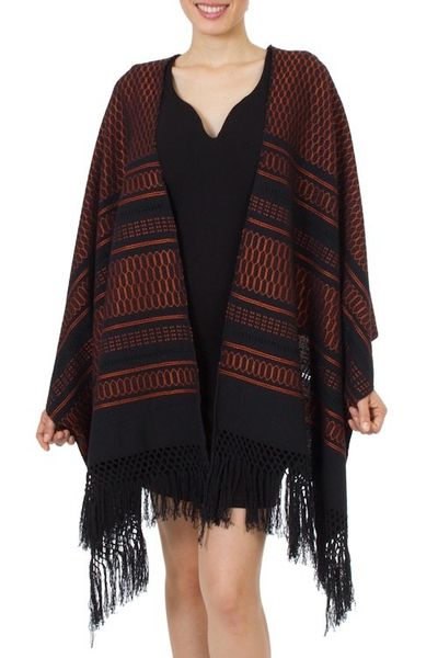 Alternate image for Black and Orange Handwoven Zapotec Rebozo Shawl Fiesta in Black and Tangerine