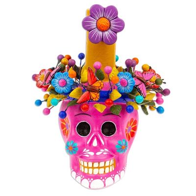 Alternate image for Fuchsia Floral Ceramic Skull Taper Candleholder Fuchsia Floral Skull