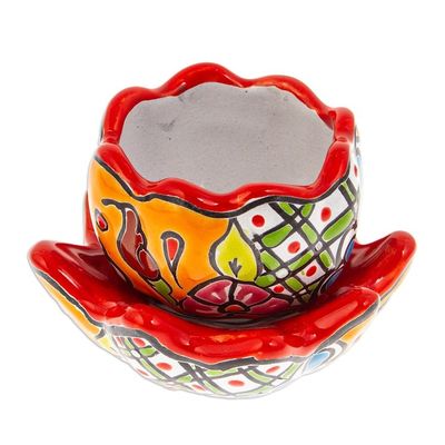 Alternate image for Handcrafted Floral Ceramic Pot with Saucer in Strawberry Talavera Eden in Strawberry