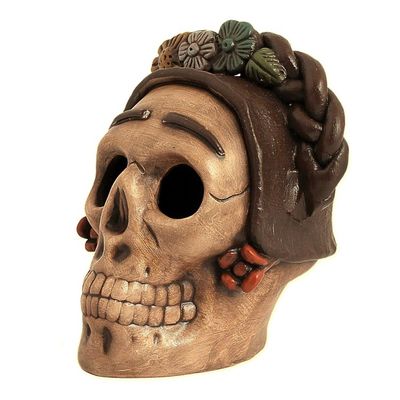 Alternate image for Handcrafted Ceramic Skull Figurine Honoring Frida Kahlo Honoring Frida