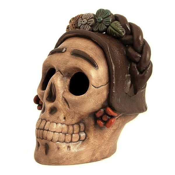 Alternate image for Handcrafted Ceramic Skull Figurine Honoring Frida Kahlo Honoring Frida