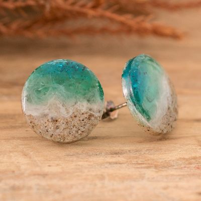 Alternate image for Seascape-Themed Sterling Silver and Resin Button Earrings Sea Shining