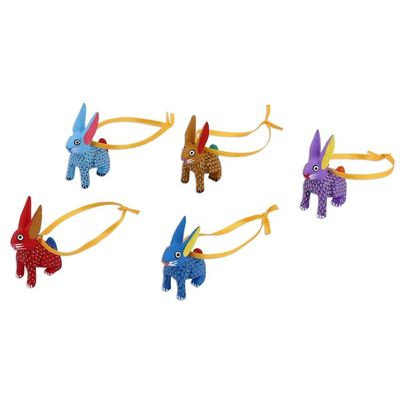Alternate image for Wood Alebrije Rabbit Ornaments Set of 5 from Mexico Sweet Rabbits