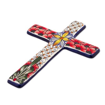 Alternate image for Multicolored Ceramic Mexican Wall Cross with Floral Motifs Flower Field