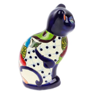 Alternate image for Hand-Painted Hacienda Cat-Themed Ceramic Sculpture in Blue Feline Essence in Blue