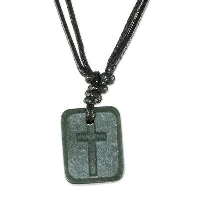 Alternate image for Etched Cross on Jade Pendant Artisan Crafted Necklace Faith and Love
