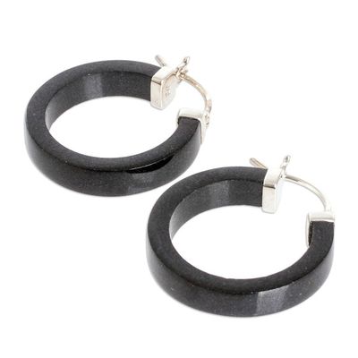 Alternate image for Modern Black Jade Hoop Earrings with Sterling Silver Clasps Night Connection