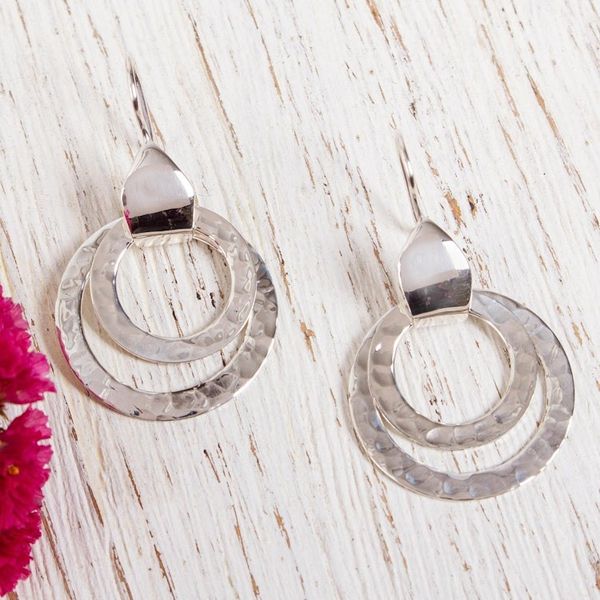 Alternate image for Taxco Hammered Sterling Silver Dangle Earrings from Mexico Abstract Rings